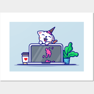 Cat With Laptop Cartoon Vector Icon Illustration Posters and Art